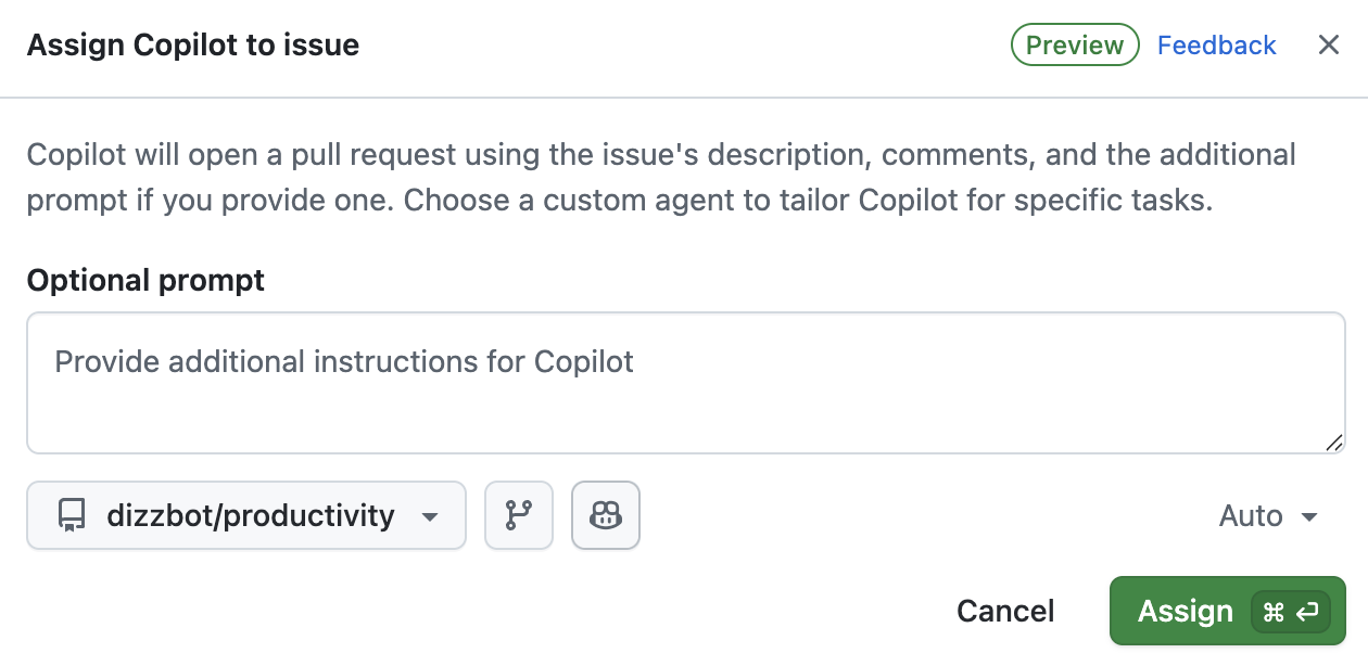 Screenshot of "Assign to Copilot" dialog showing options for target repository, starting branch, custom agent, and additional instructions.