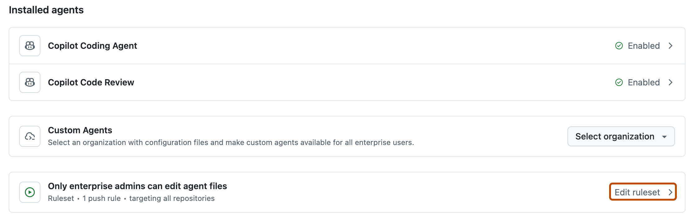 Screenshot of the "Installed agents" section of the agent settings page. A button labeled "Edit ruleset" is outlined in dark orange.