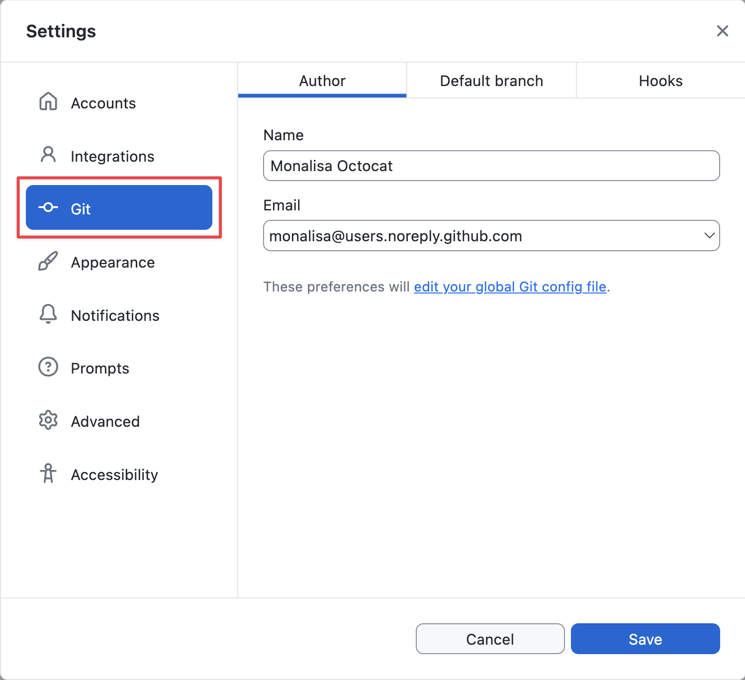 Screenshot of the "Git" pane in the "Settings" window. In the left sidebar, an option labeled "Git" is highlighted in blue and outlined in orange.