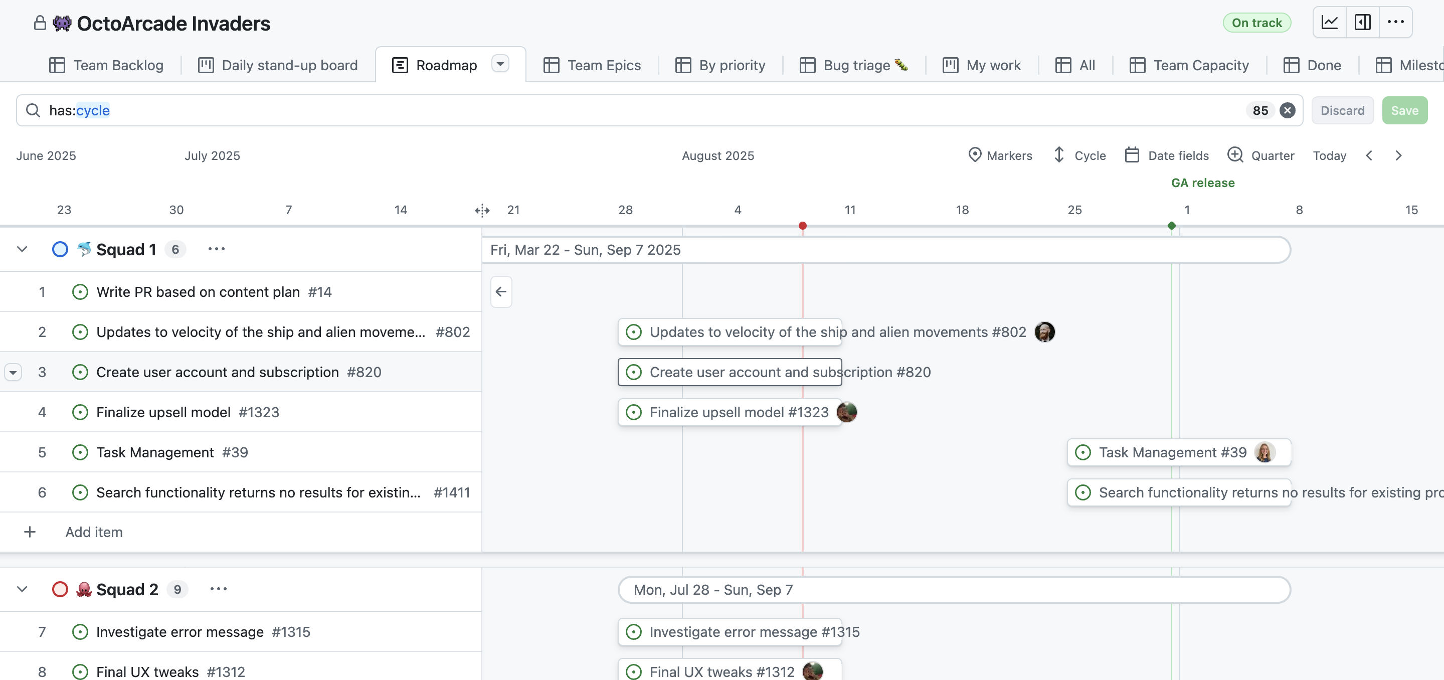 Screenshot showing an example roadmap layout.