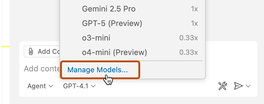 Screenshot of the 'Manage Models' option, highlighted with a dark orange outline.