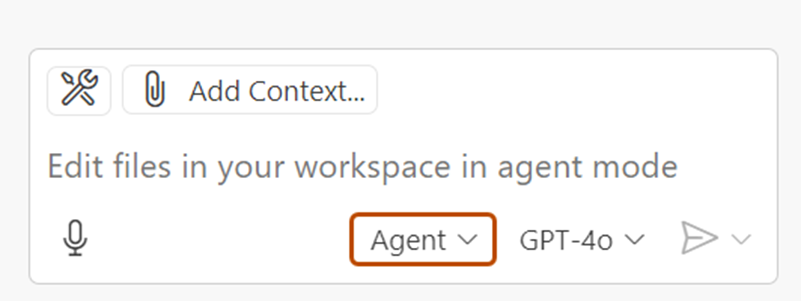 Screenshot of the Copilot Chat box in Visual Studio Code. The "Agent" option is outlined in dark orange.
