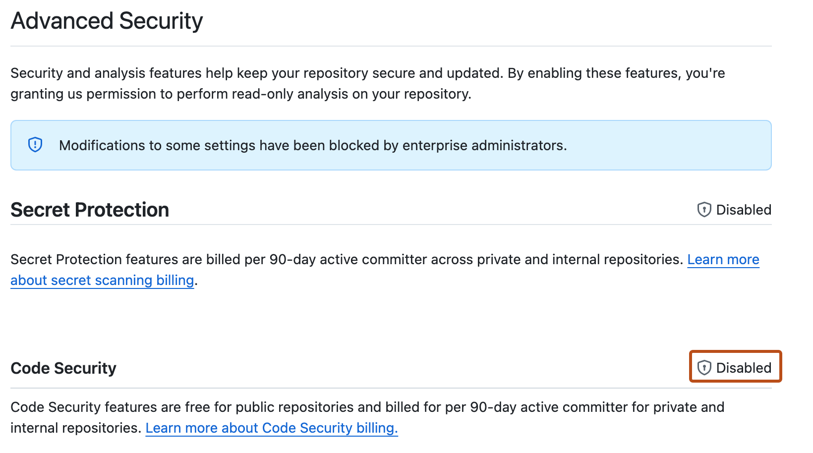 "Screenshot of the Advanced Security" setting. The disabled option is highlighted in dark orange.