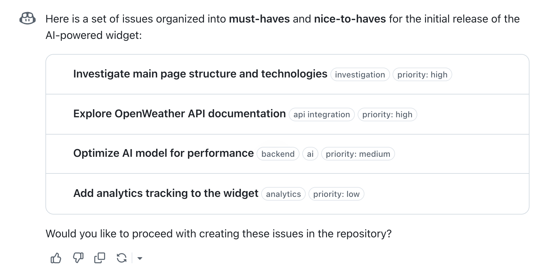 Screenshot of Copilot Chat. Copilot asks if the user would like to proceed with creating a set of prioritized issues.
