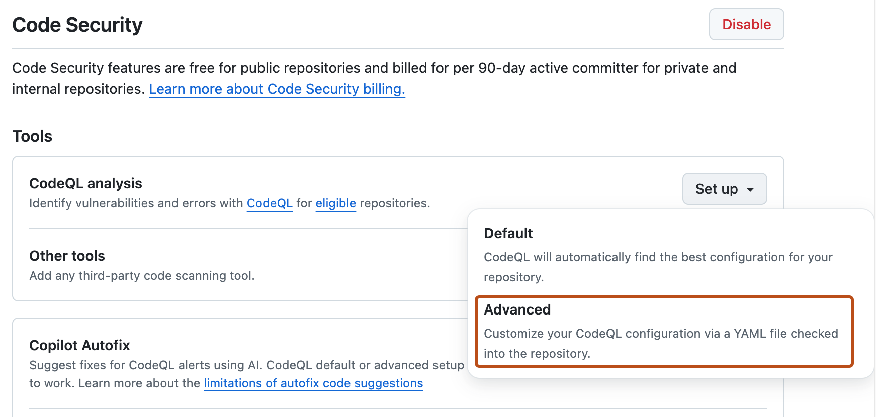 Screenshot of the "Code scanning" section of "Code security" settings. The "Advanced setup" button is highlighted with an orange outline.