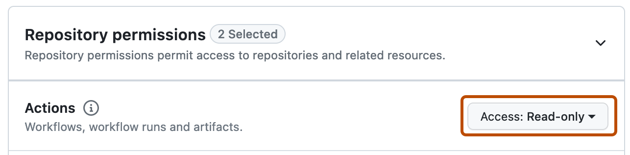 Captura de pantalla de la sección "Permisos de repositorio" para una nueva aplicación de GitHub. El permiso Acciones es de "Solo lectura" y está resaltado en naranja.