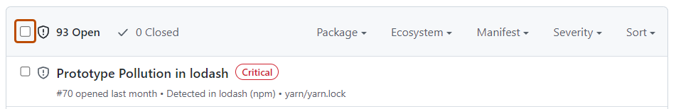 Captura de pantalla de la sección de cabecera de la vista Dependabot alerts. La casilla "Seleccionar todo" está resaltada con un contorno naranja oscuro.