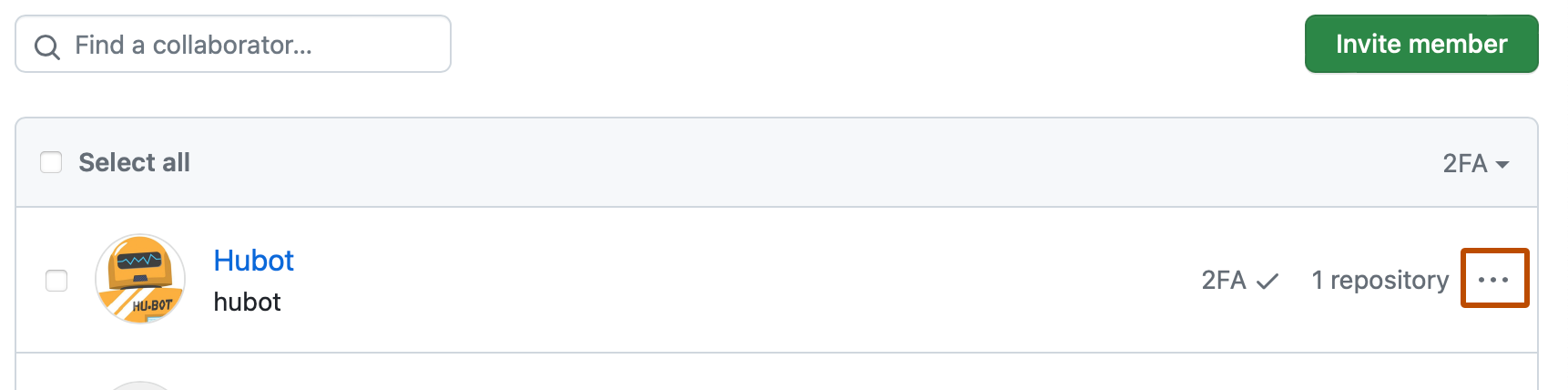 Screenshot: Liste externer Projektmitarbeiter*innen für eine Organisation. Rechts neben einem*r Projektmitarbeiter*in ist ein 3-Punkte-Symbol in dunkelorange umrandet.
