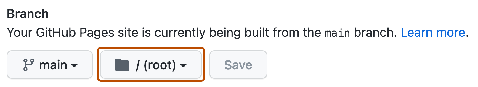 Capture d’écran des paramètres Pages dans un dépôt GitHub. Un menu permettant de sélectionner un dossier pour une source de publication, intitulé « /(root) », est présenté en orange foncé.