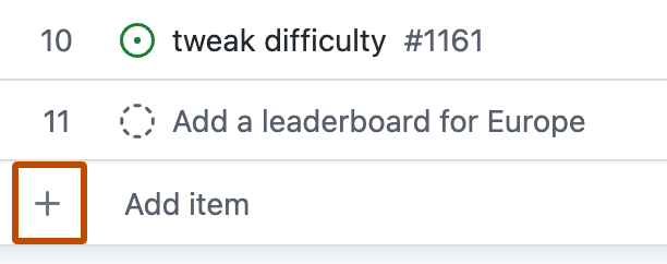 Capture d’écran montrant la ligne du bas d’une vue de tableau. Le bouton « + » est mis en évidence avec un encadré orange.