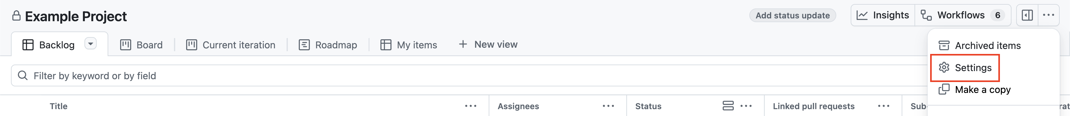 빨간색 윤곽선으로 강조 표시된 프로젝트 메뉴의 "설정" 단추 위치를 보여 주는 스크린샷