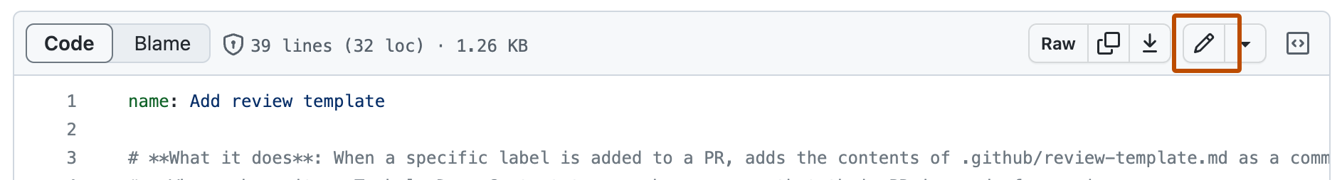 Captura de tela de um arquivo de fluxo de trabalho mostrando a seção de cabeçalho. O ícone de lápis para editar arquivos é destacado com um contorno laranja escuro.