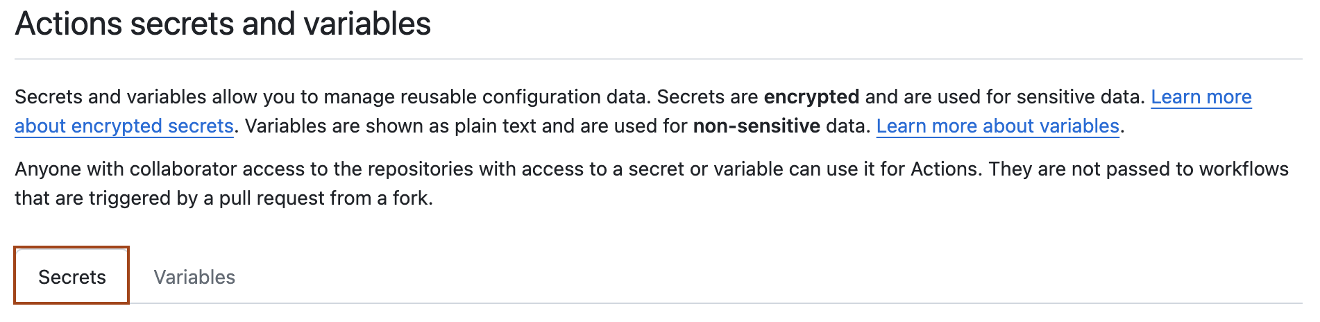 “操作机密和变量”页的屏幕截图。 “机密”选项卡以深橙色标出。