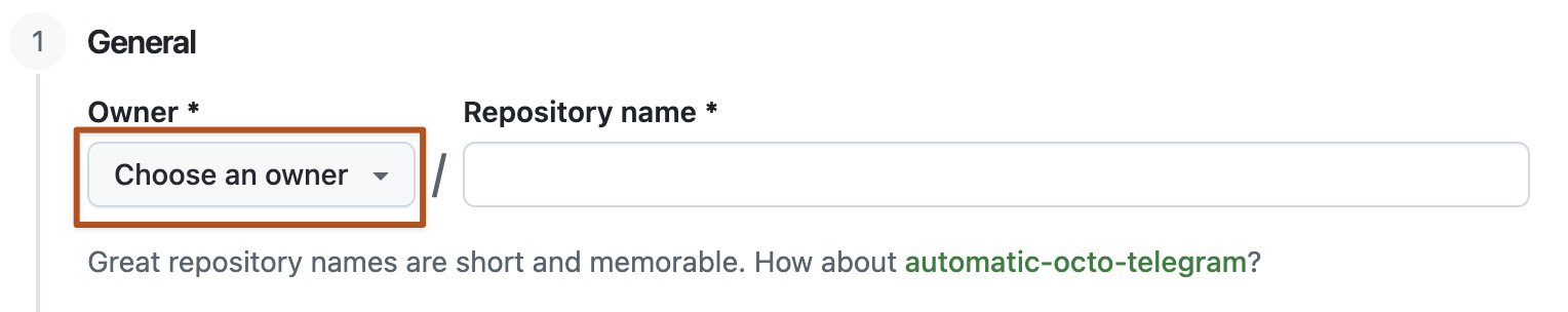 Screenshot des Eigentümermenüs für ein neues GitHub-Repository. Das Menü zeigt zwei Optionen, octocat und github.