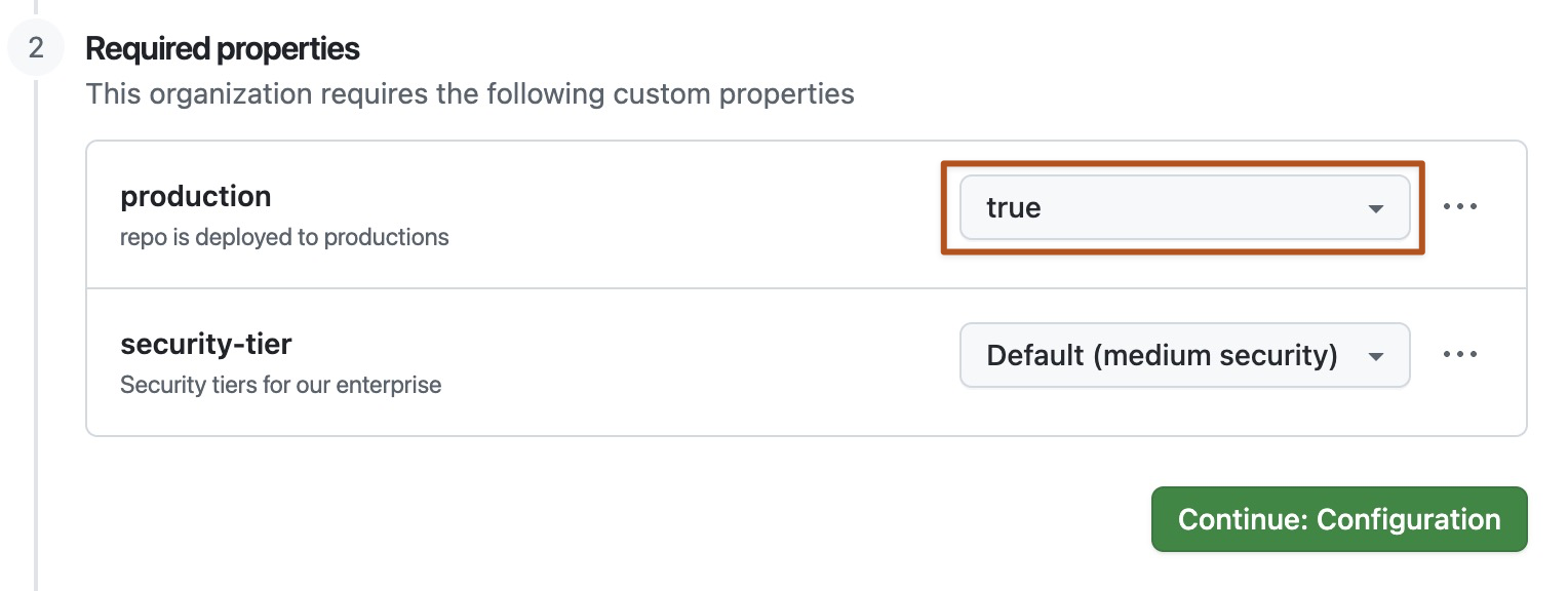 Captura de tela da seção "Propriedades necessárias" do formulário de criação do repositório mostrando as propriedades "produção" e "camada de segurança" com valores definidos.
