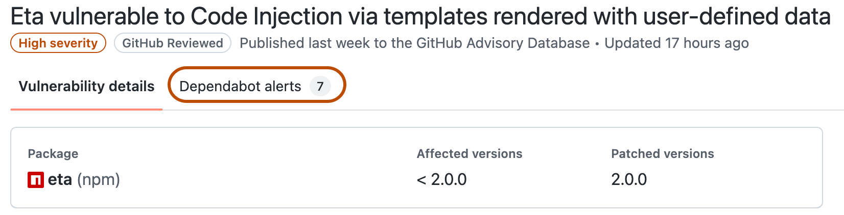 “全局安全通告”的屏幕截图。 “Dependabot 警报”按钮以橙色轮廓突出显示。